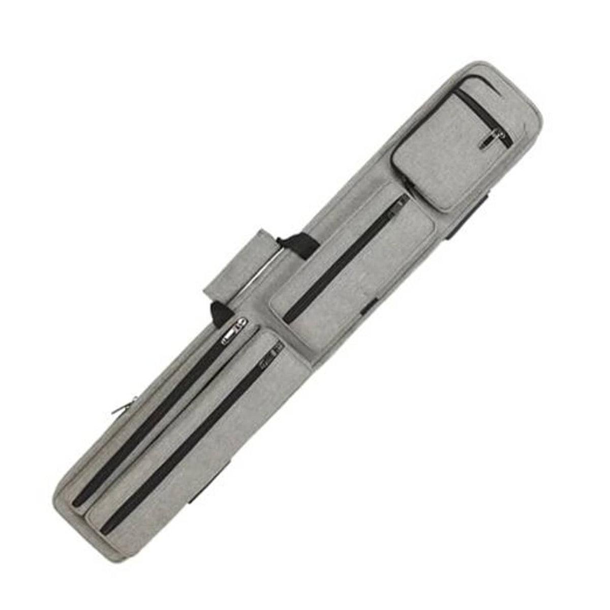 Light gray pool cue case with padded divider slots and zipper pockets