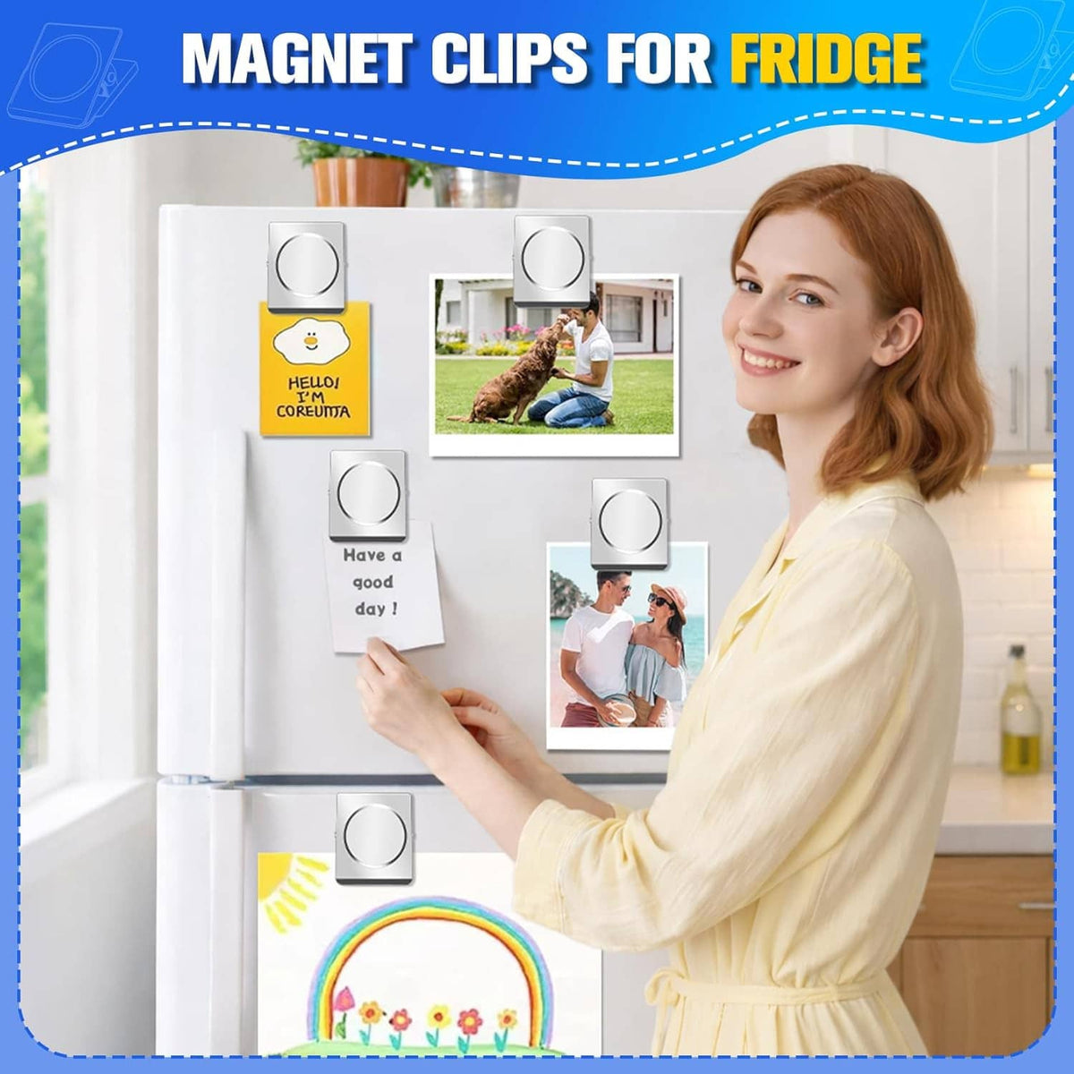 Magnetic fridge clips holding small paper notes on a white refrigerator door