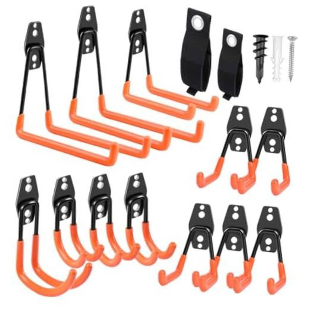 Heavy-duty steel garage hooks set with black heads and orange U-shaped grips