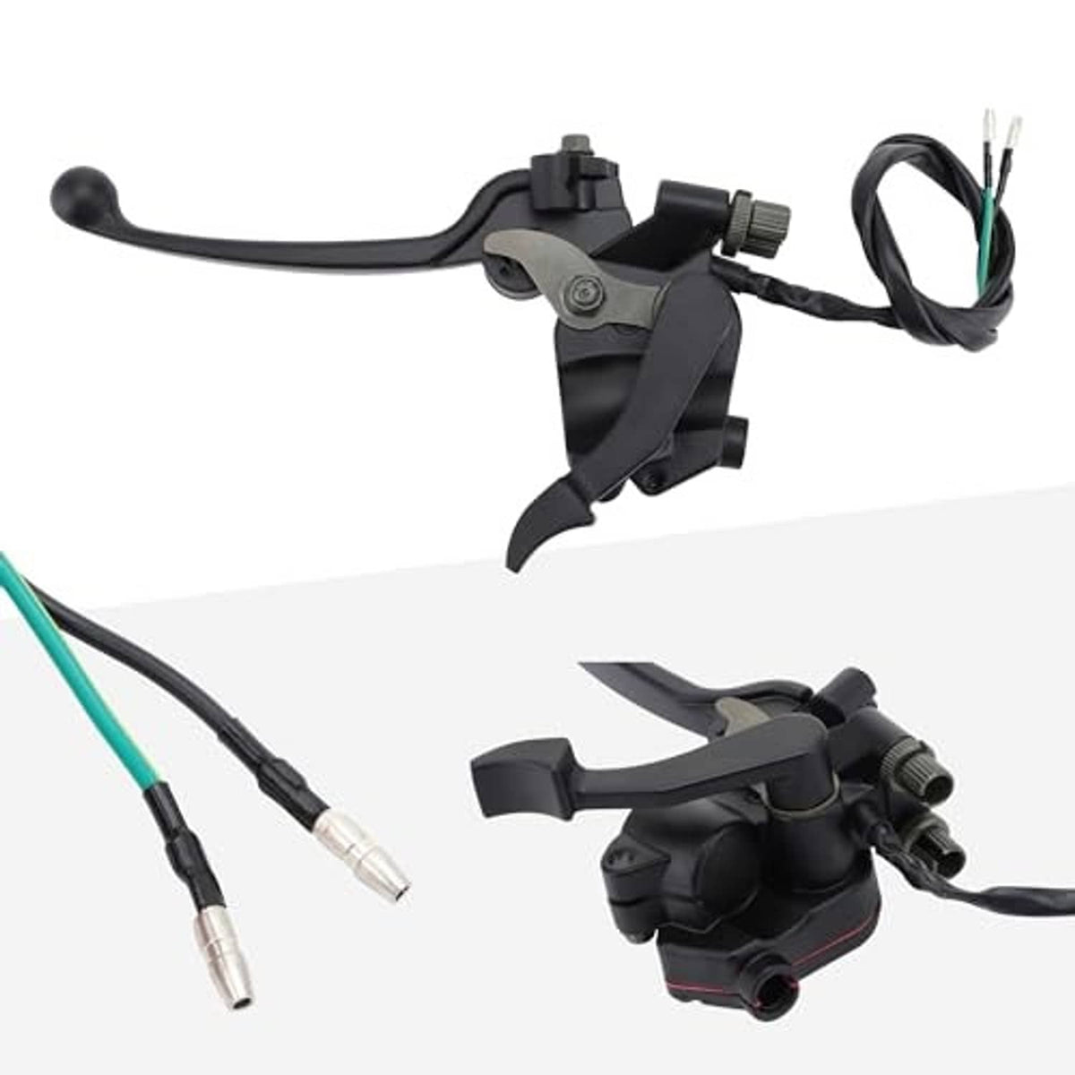 Black brake lever and thumb throttle control assembly with cable wiring harness