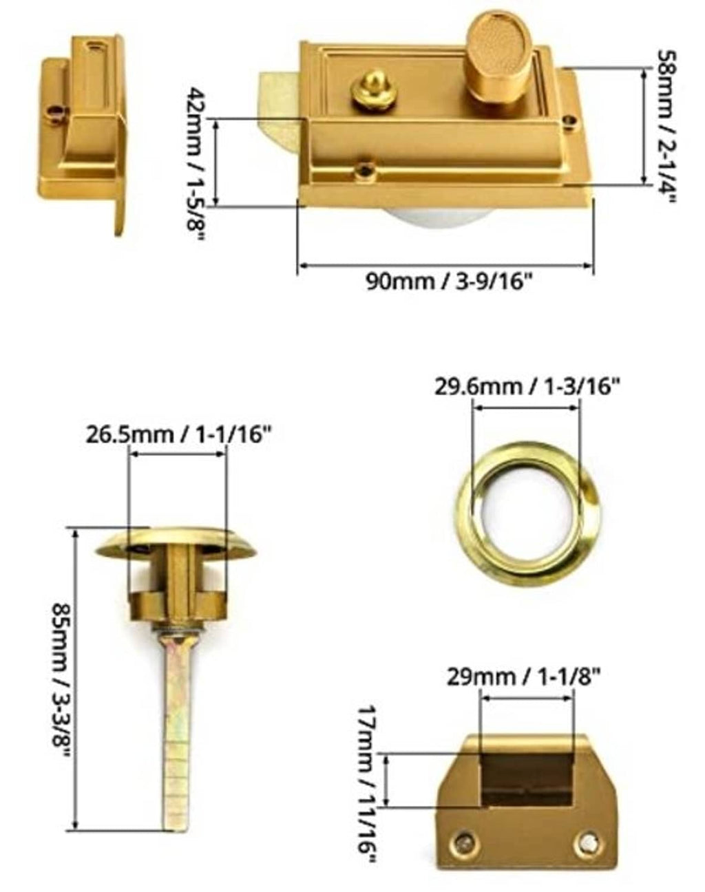 Gold rim deadbolt lock hardware parts with key cylinder and mounting pieces