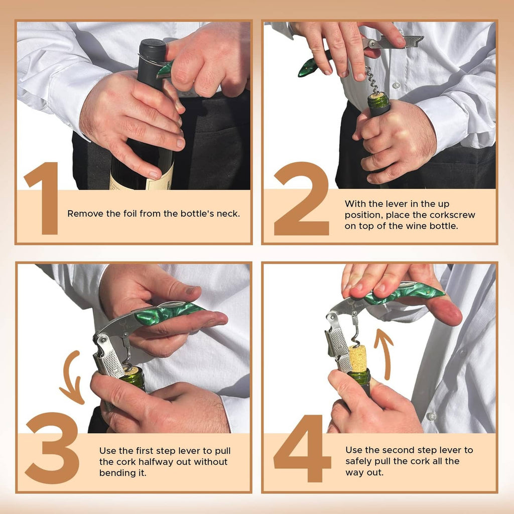 Wine corkscrew tool held over a wine bottle neck, ready to remove the cork