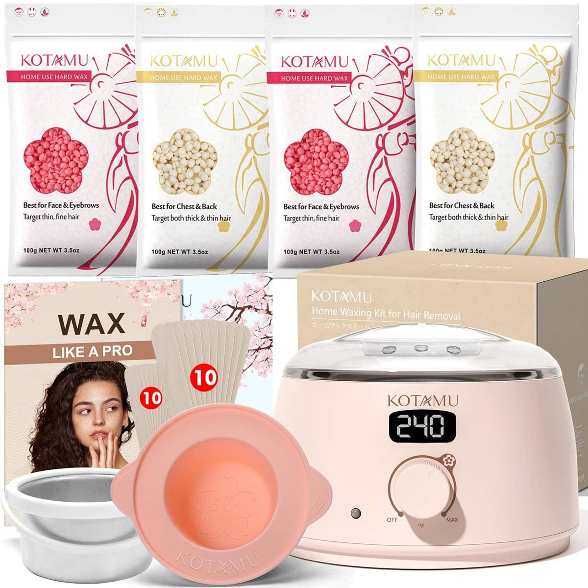 Digital hair removal wax kit with beige warmer, lid, metal pot, and wax sachets