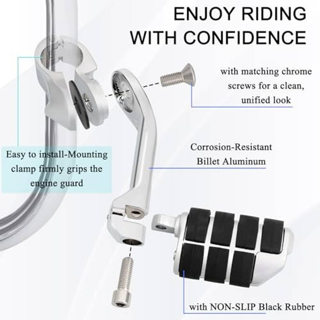 Chrome mounting hardware and adjustable foot peg with non-slip black rubber block pad