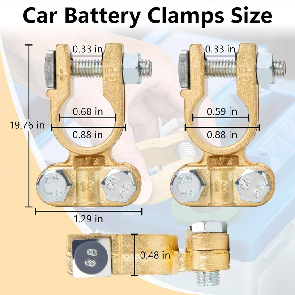 Set of two gold car battery clamp connectors with bolts and threaded posts