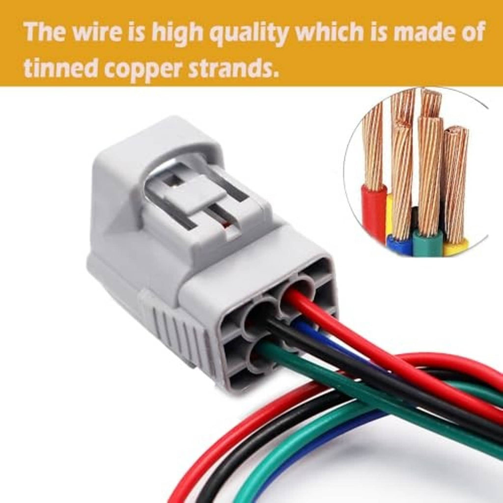 Gray connector plug with red, green, blue and black wires; tinned copper strands