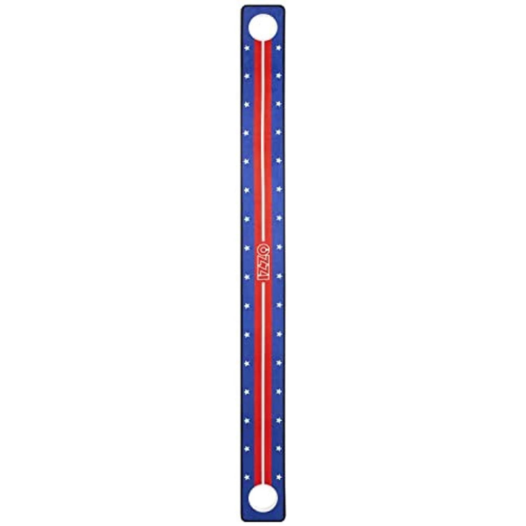 Golf putting mat end section with round cup; blue felt with star pattern and border.