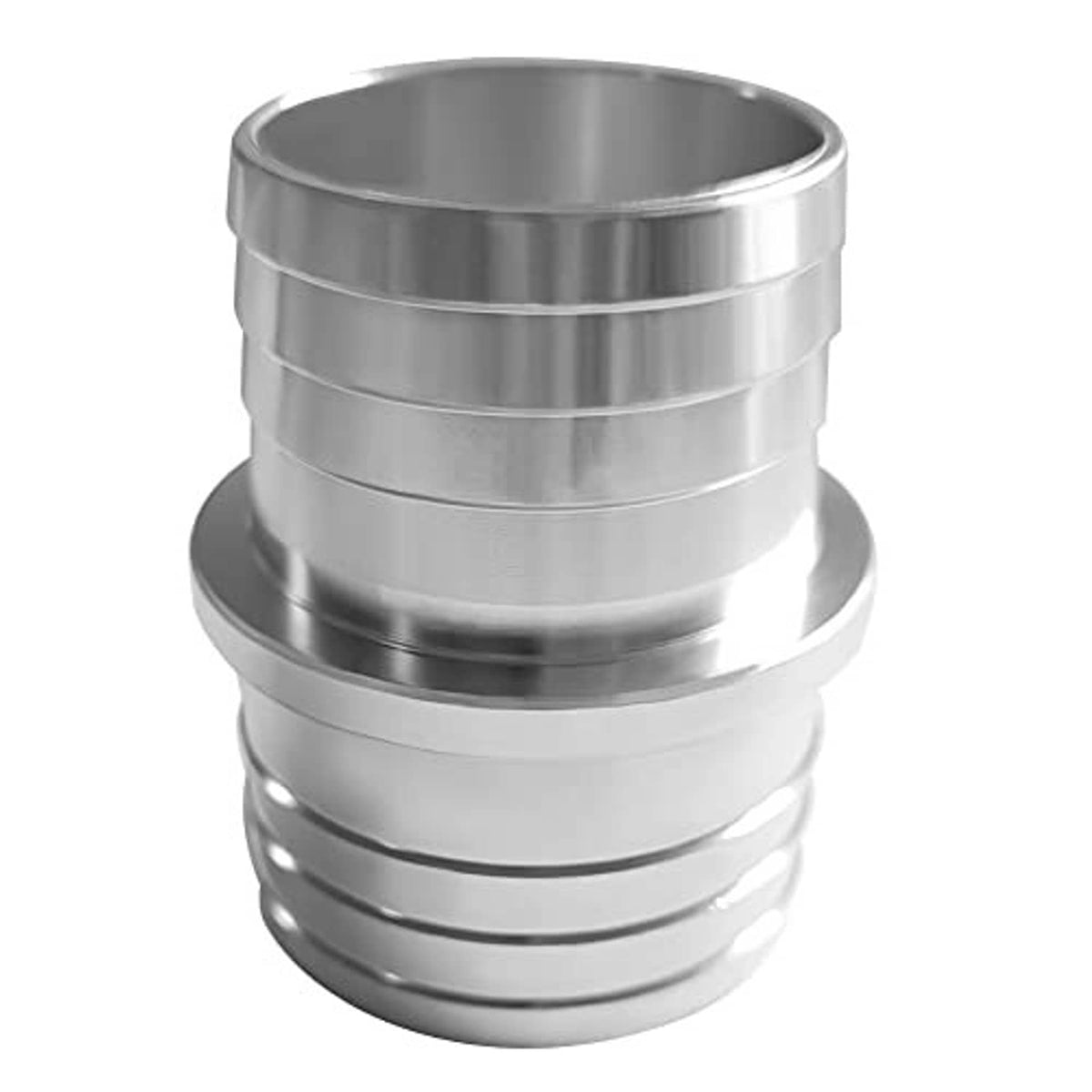 Silver radiator hose barb adapter sleeve with stacked ridges and wide smooth mouth