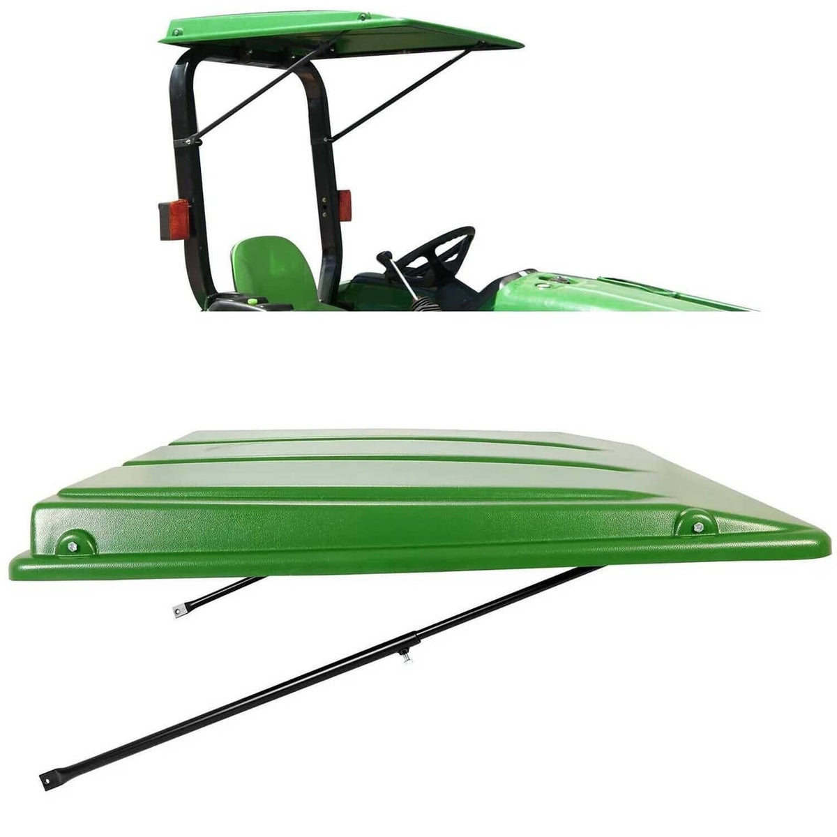 Green tractor sun shade canopy with black support arms, mounted over tractor