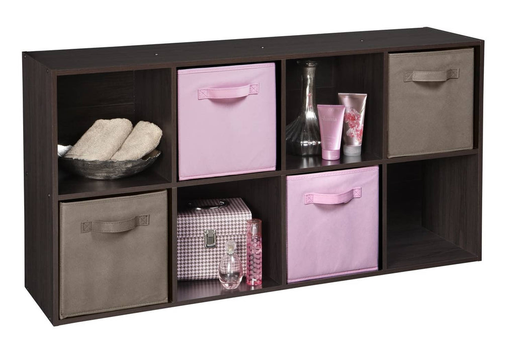 Pink fabric cube drawer with handle in an open cube storage organizer