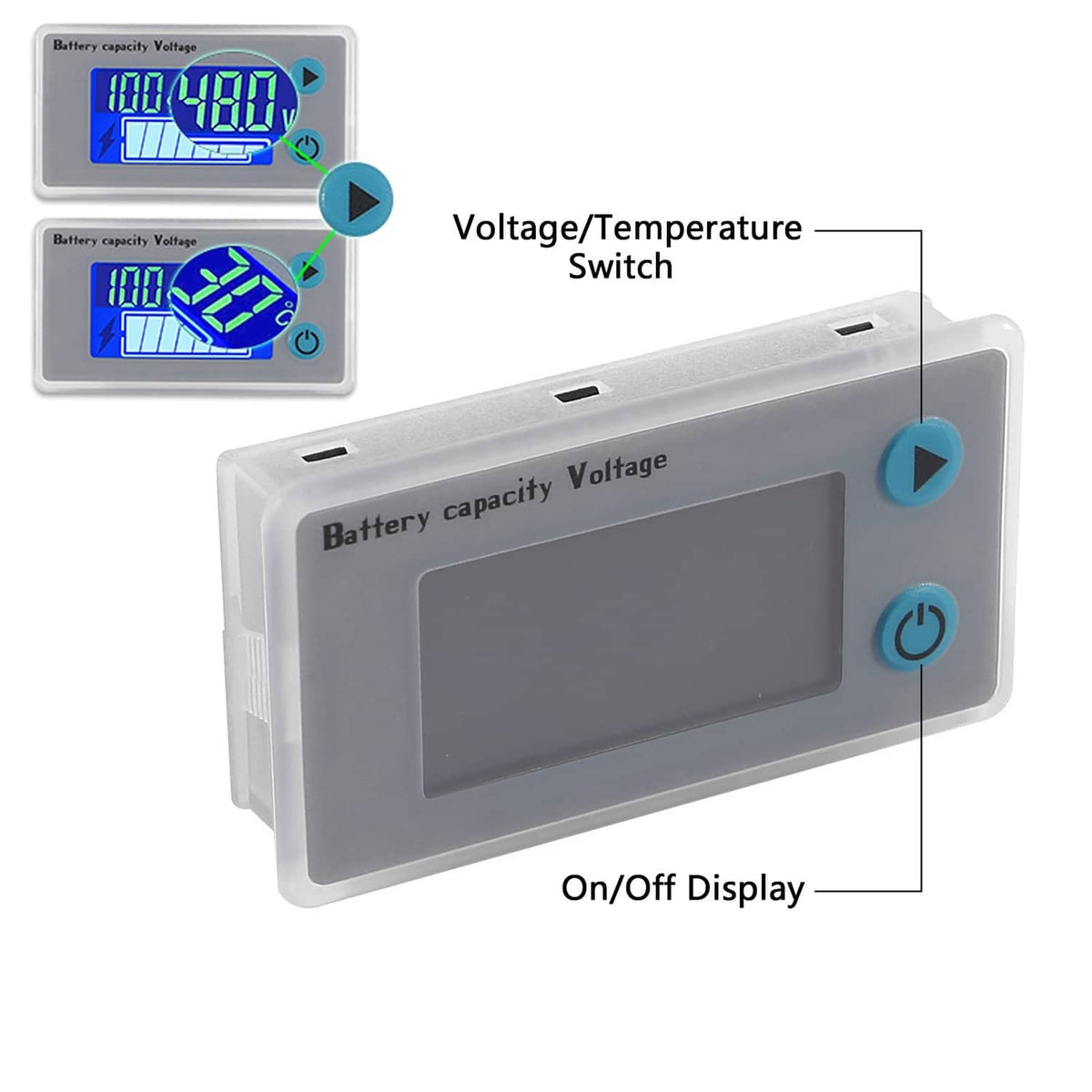 LCD battery monitor with on/off display and voltage/temperature switch