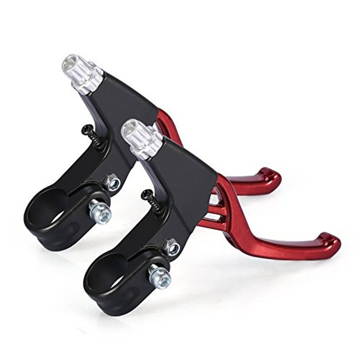 Bicycle V-brake handlebar levers, red arms with black dual cable adjusters