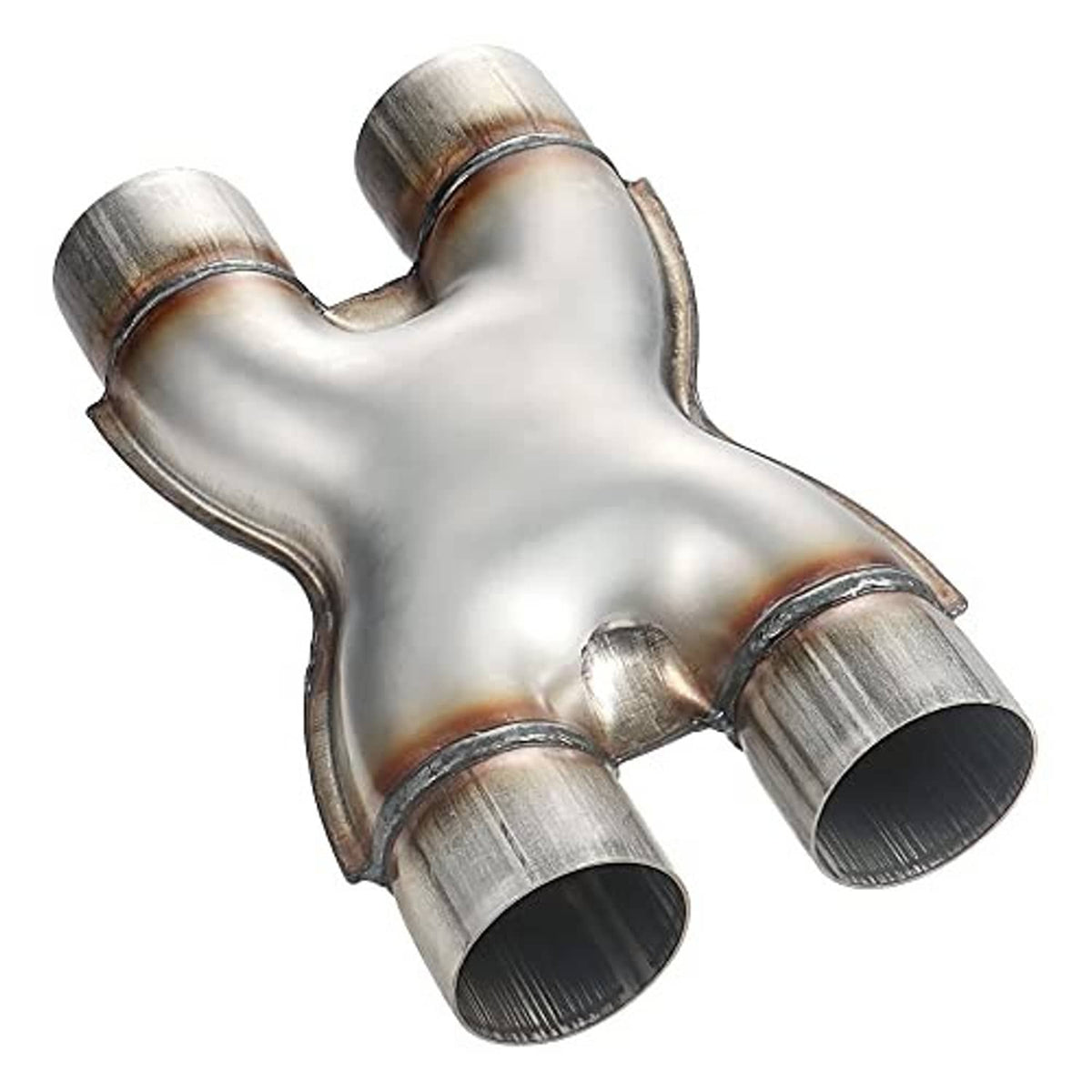 Stainless steel X-pipe crossover exhaust with two large end sleeves and central bend