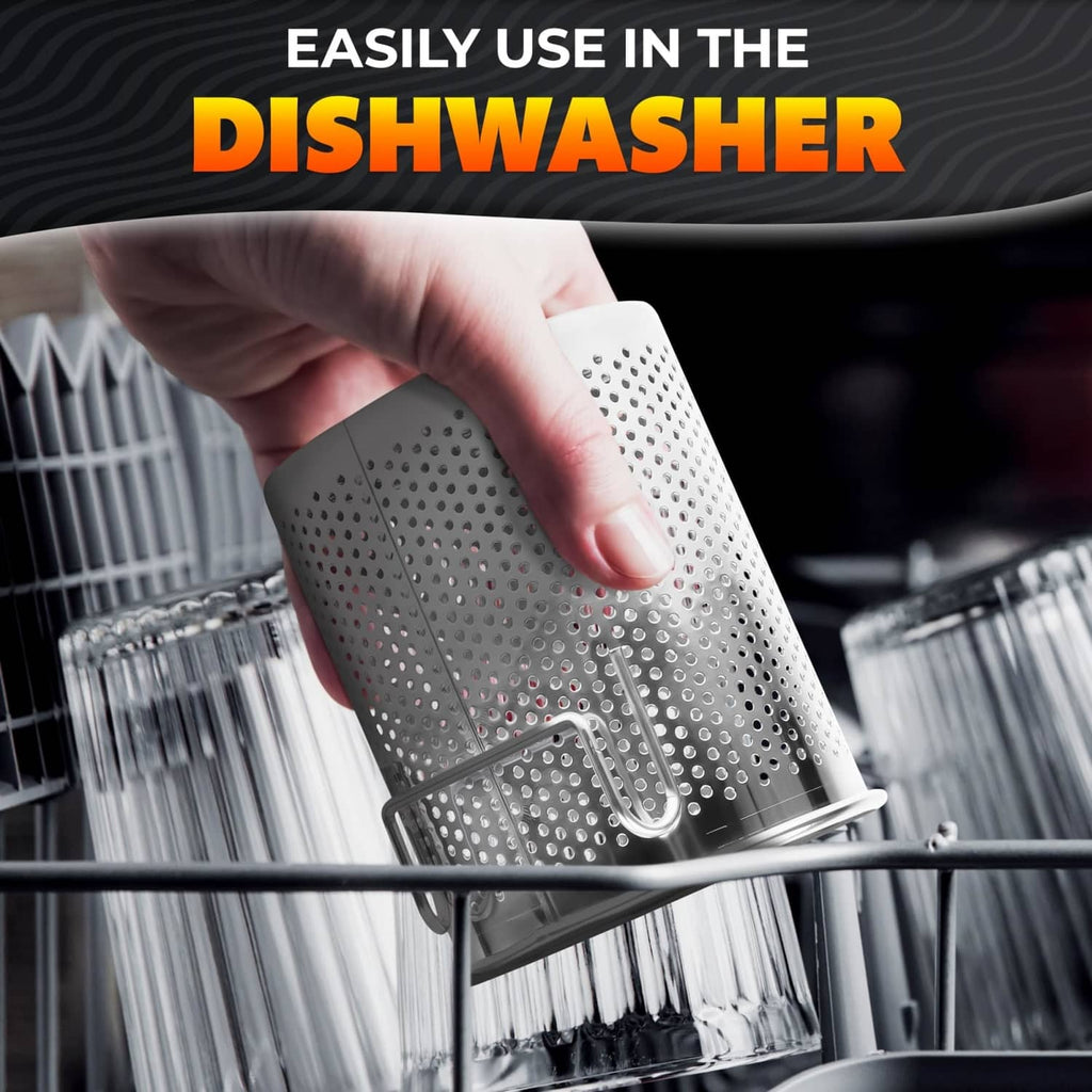 Stainless steel chopstick holder basket with side hooks, perforated drain holes, silver