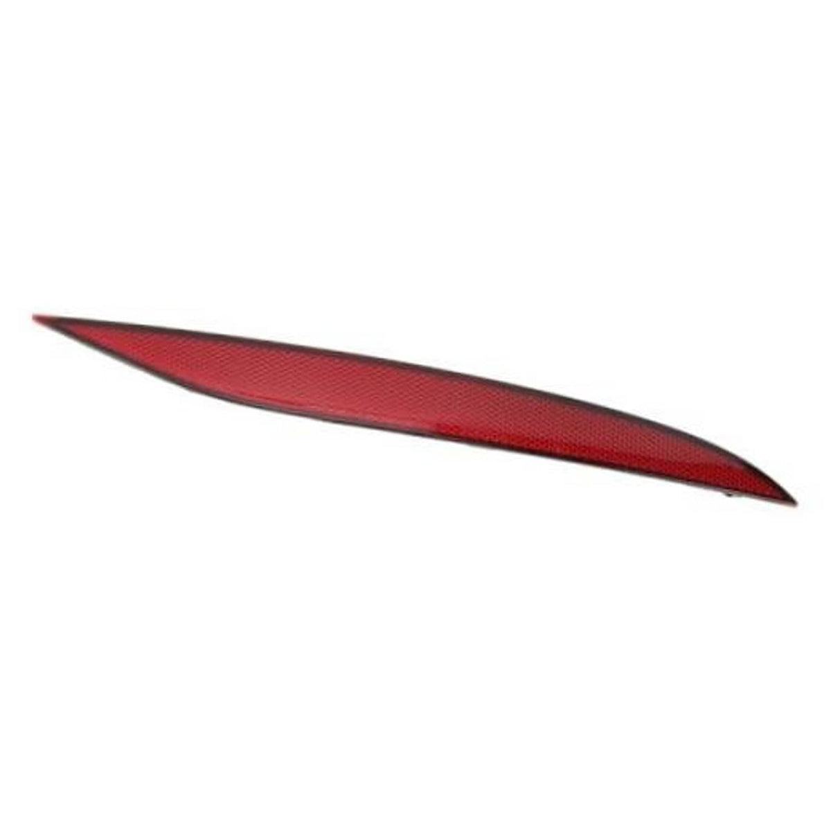 Red reflective bumper strip with pointed end, textured lens surface and dark edge.