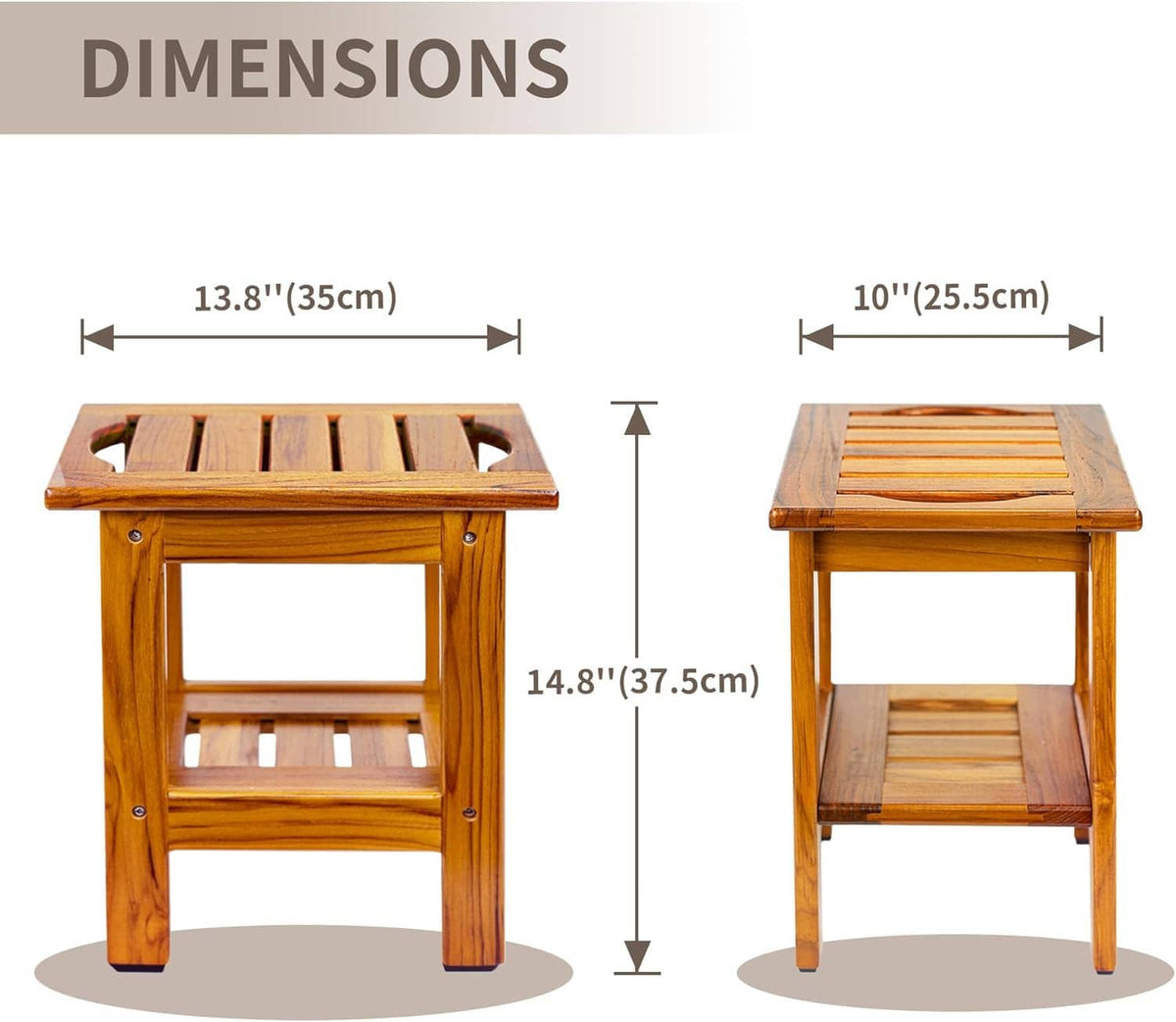Teak shower stool with lower shelf and handle cutouts, front and side views