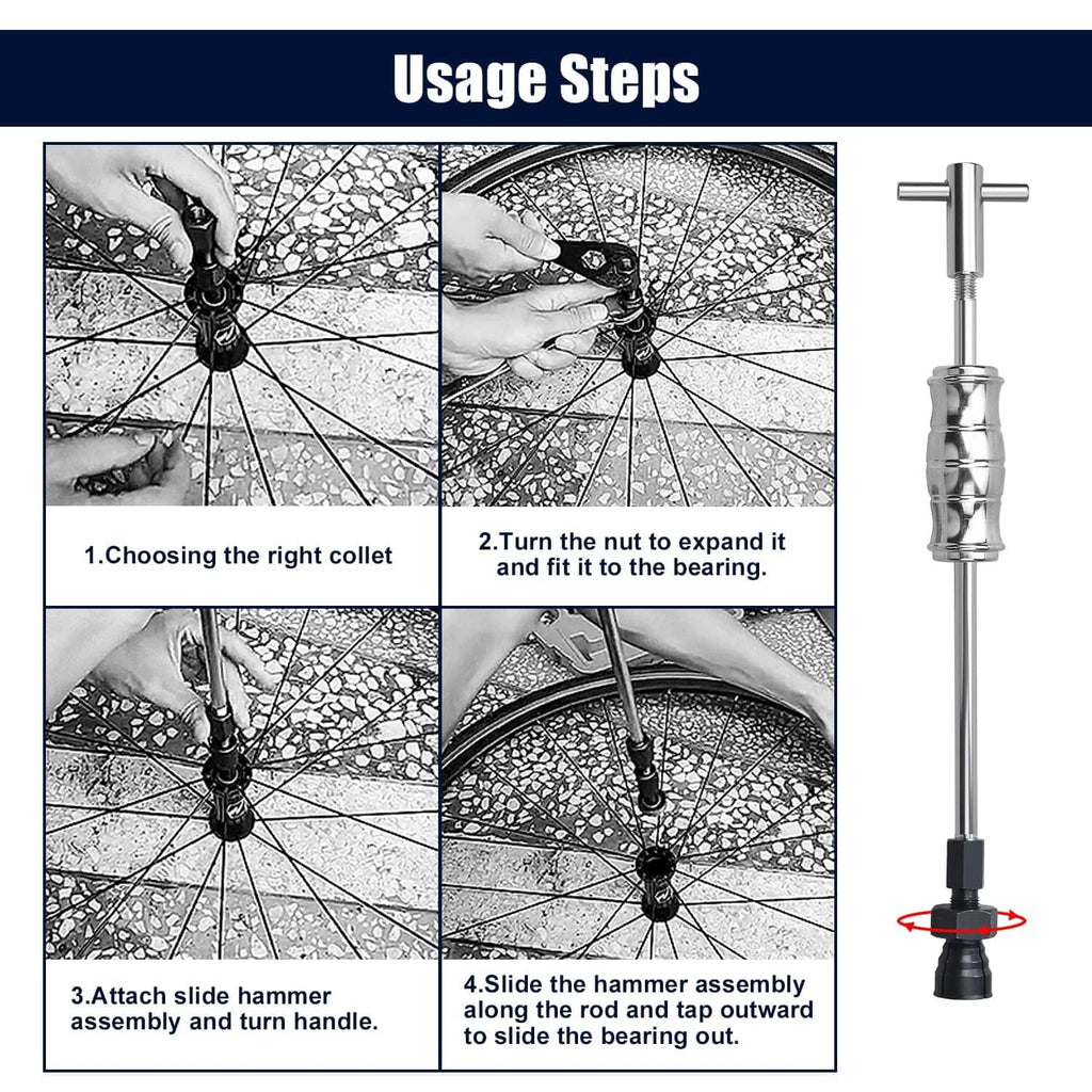 Bearing puller usage steps showing collet selection, tightening, and sliding out