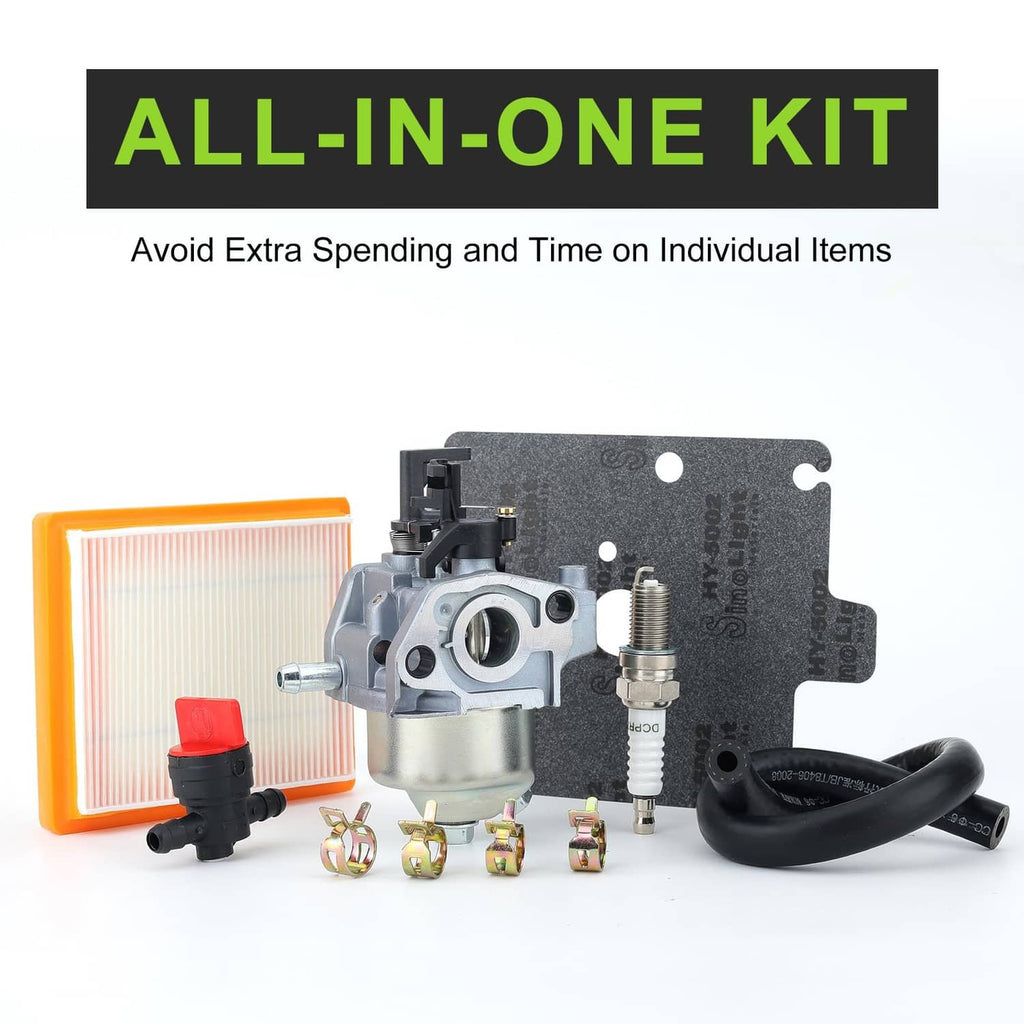 All-in-one carburetor kit with carburetor body, air filter, fuel lines, and fittings