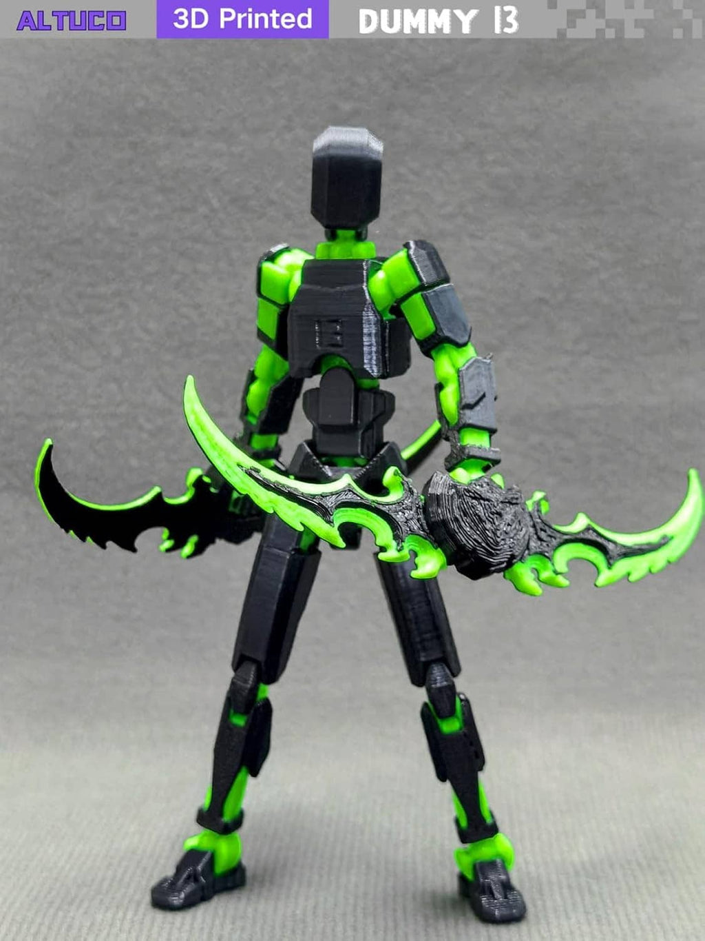 T13 green-and-black action figure standing with curved scythe weapon and extra parts