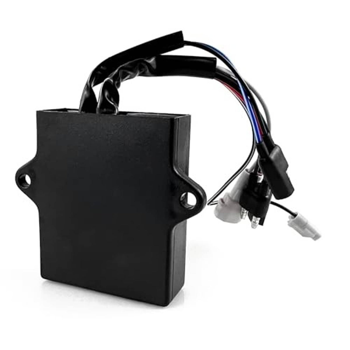Black CDI ignition box module with two mounting holes and bundled wiring connectors