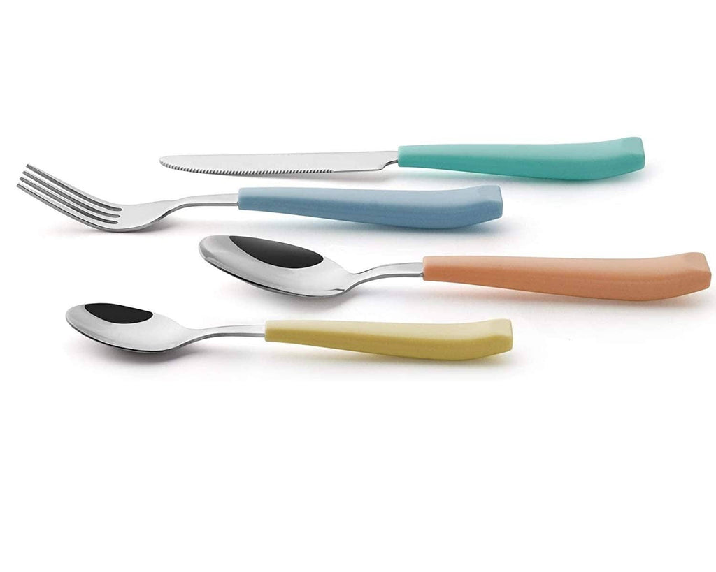 Assorted stainless steel utensils with pastel teal, blue, peach, and yellow handles