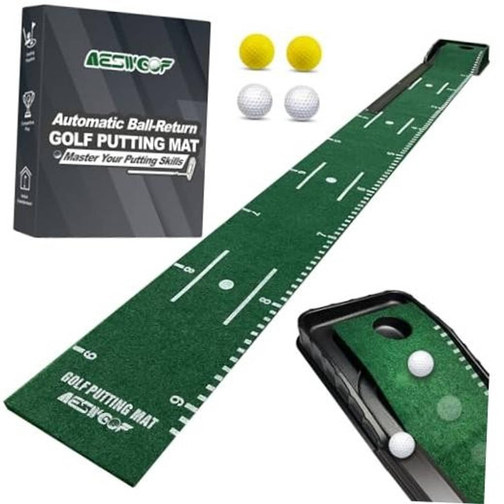 Green golf putting mat with ball-return track and 4 golf balls for practice