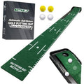 Green golf putting mat with ball-return track and 4 golf balls for practice