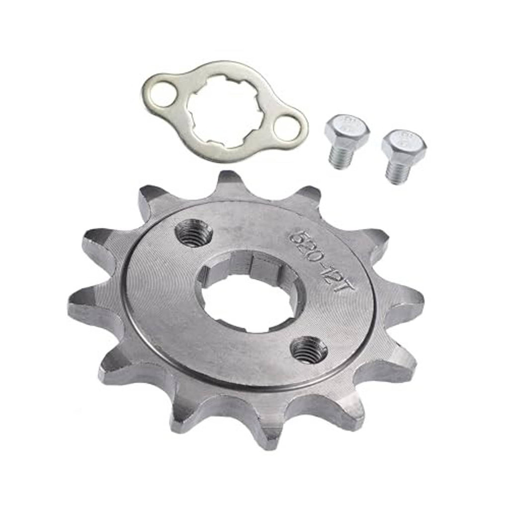 Silver 12-tooth motorcycle front sprocket with mounting plate and hex screws