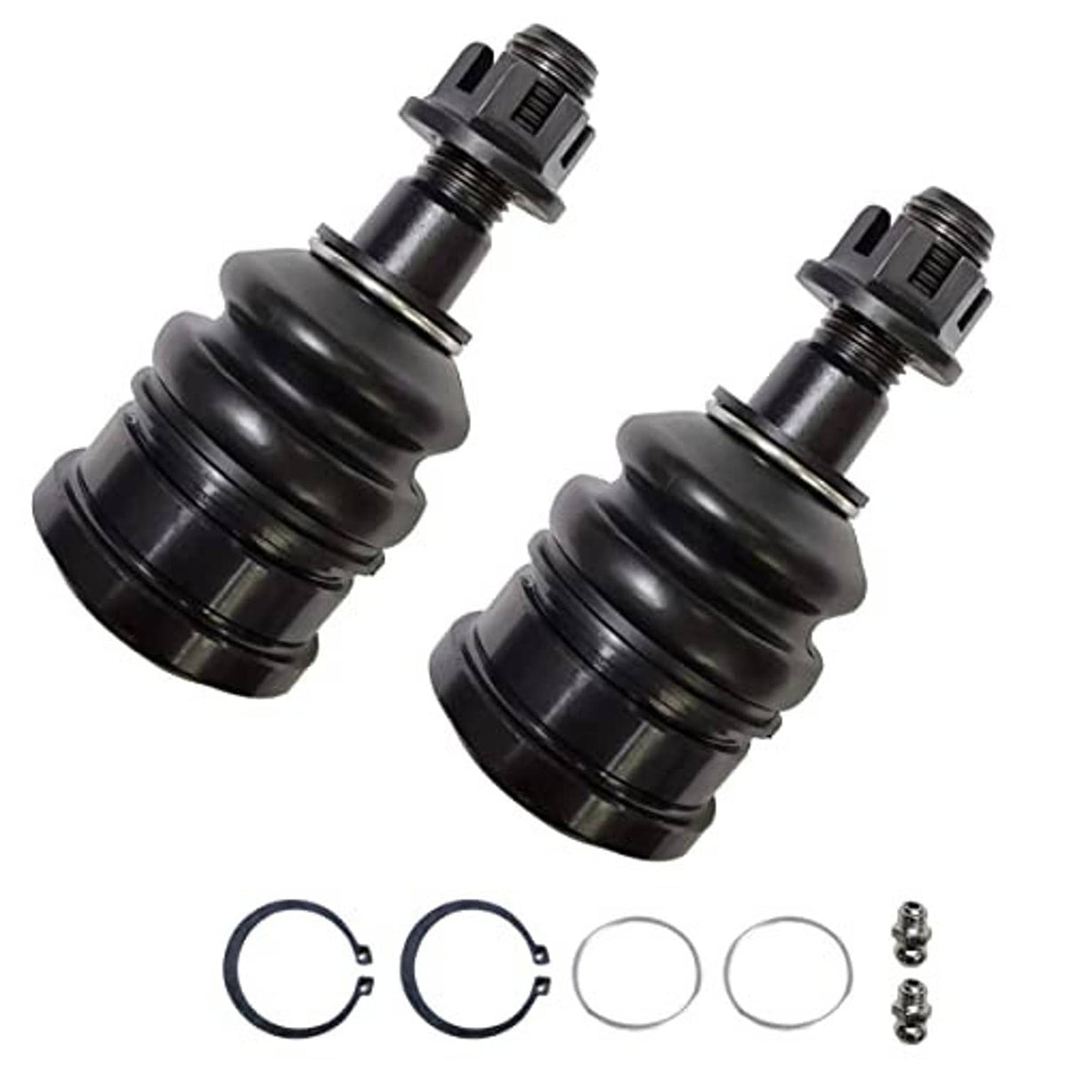 Pair of front upper ball joints with black boots and installation hardware