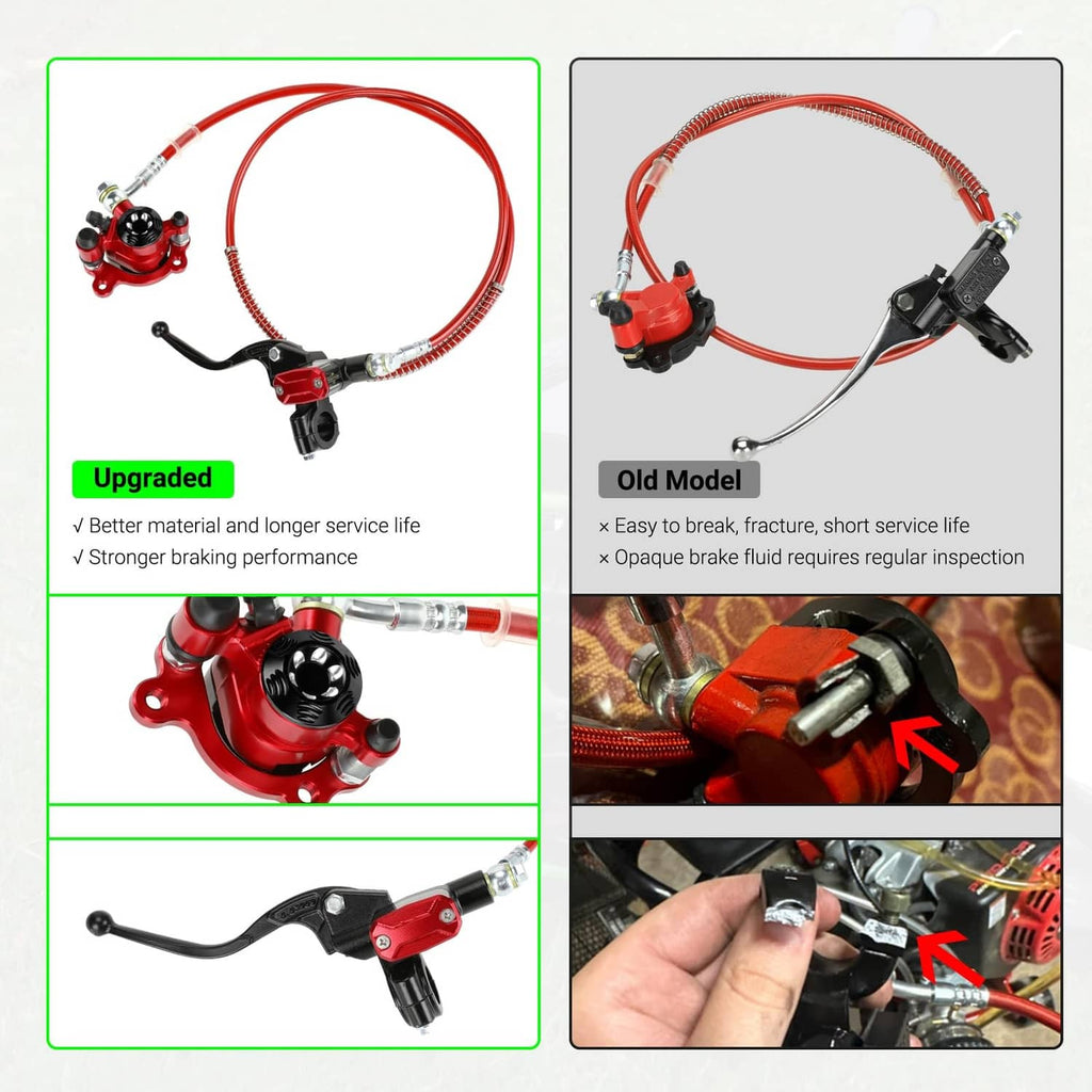 Upgraded hydraulic brake kit set: red caliper, lever, braided hose, and brake pads
