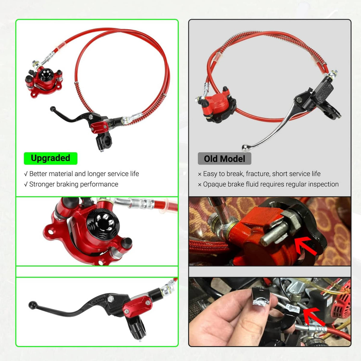 Upgraded hydraulic brake kit set: red caliper, lever, braided hose, and brake pads