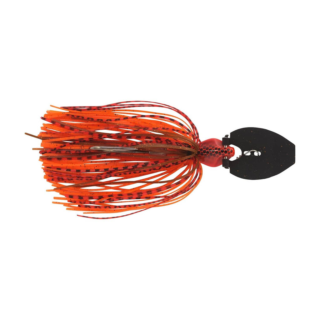 Orange bladed jig with black blade, dark-speckled skirt, and single fishing hook.