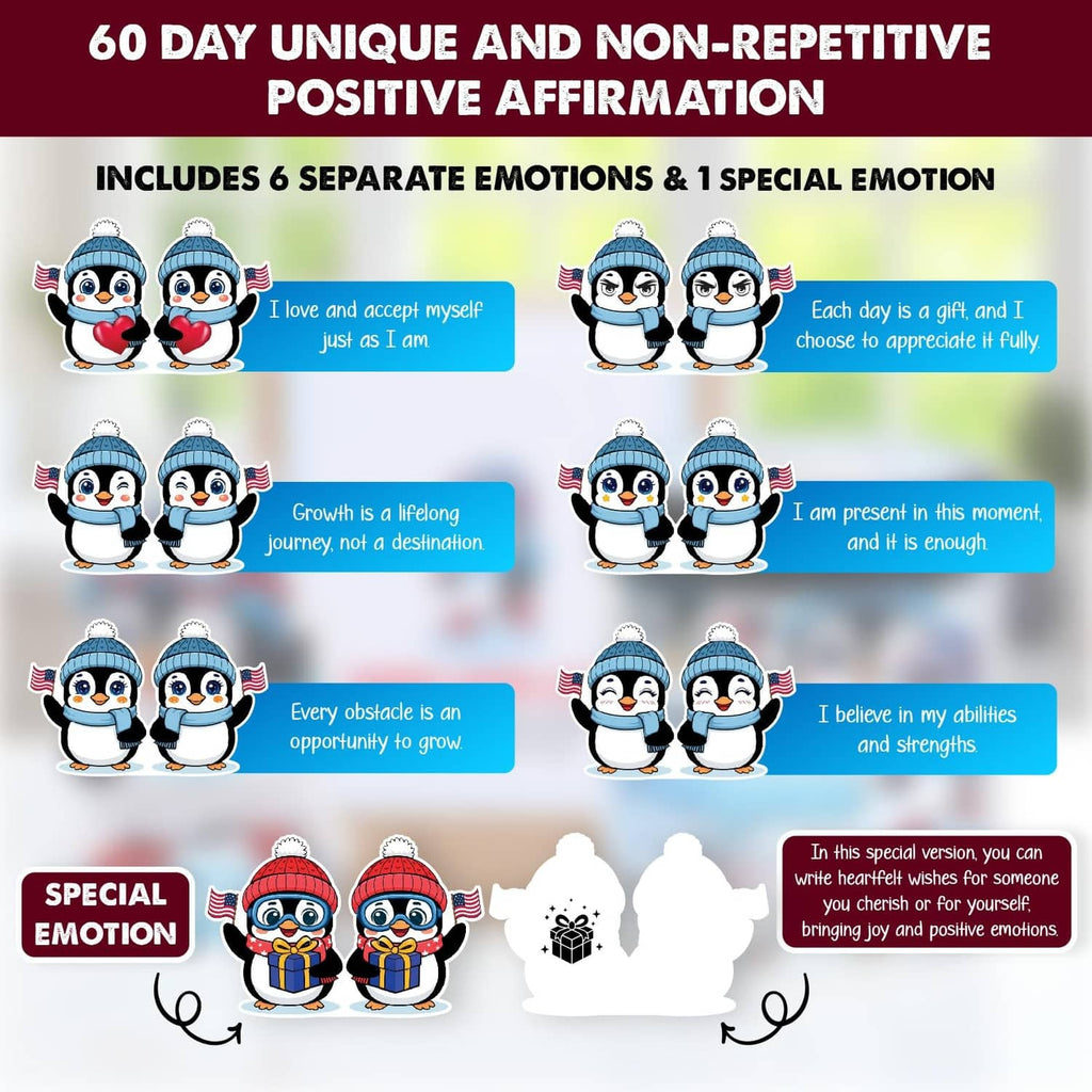 Affirmation card set layout with penguin characters and positive message boxes