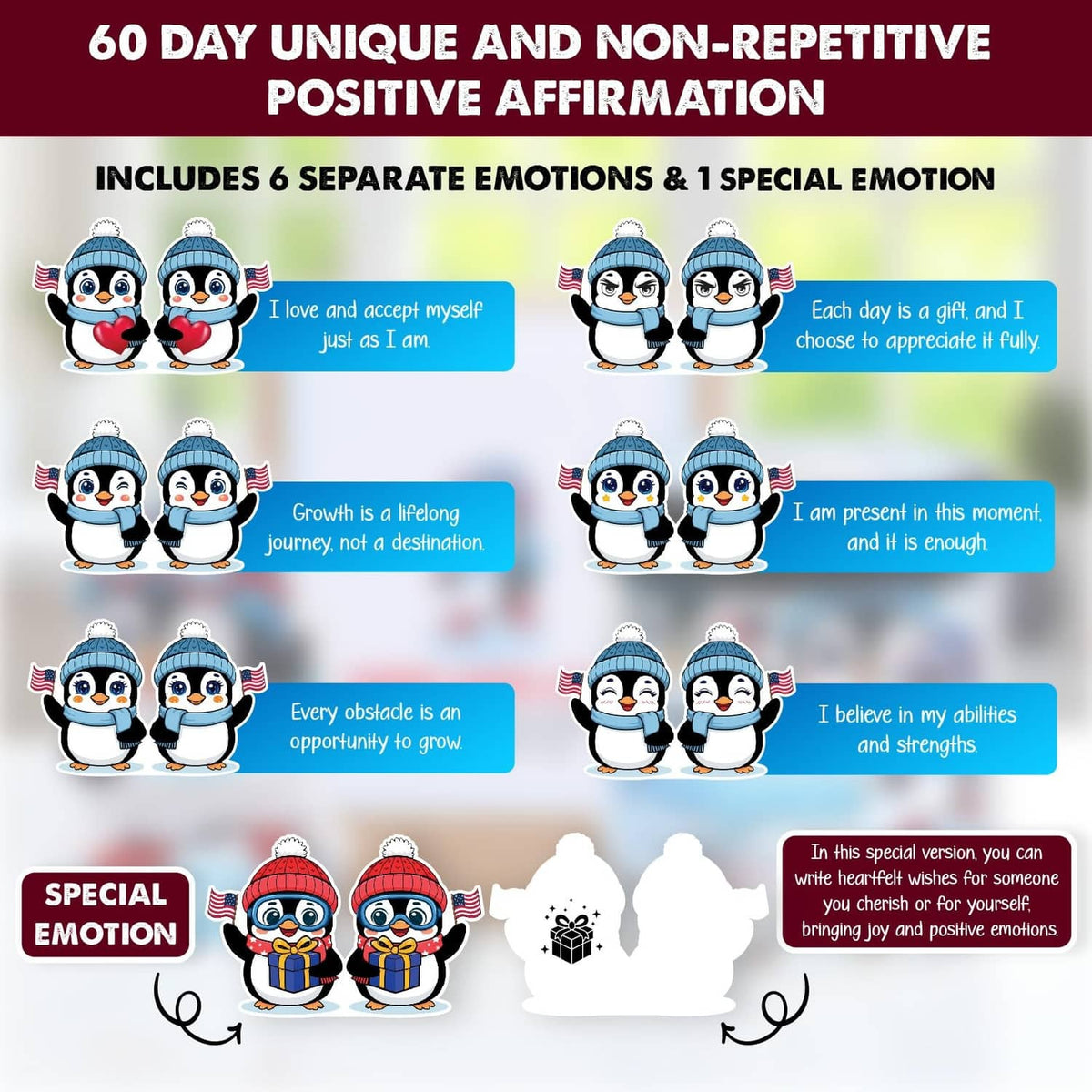 Affirmation card set layout with penguin characters and positive message boxes