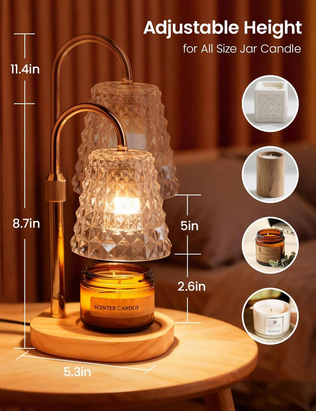 Diamond candle warmer lamp on round base with height and size labels visible