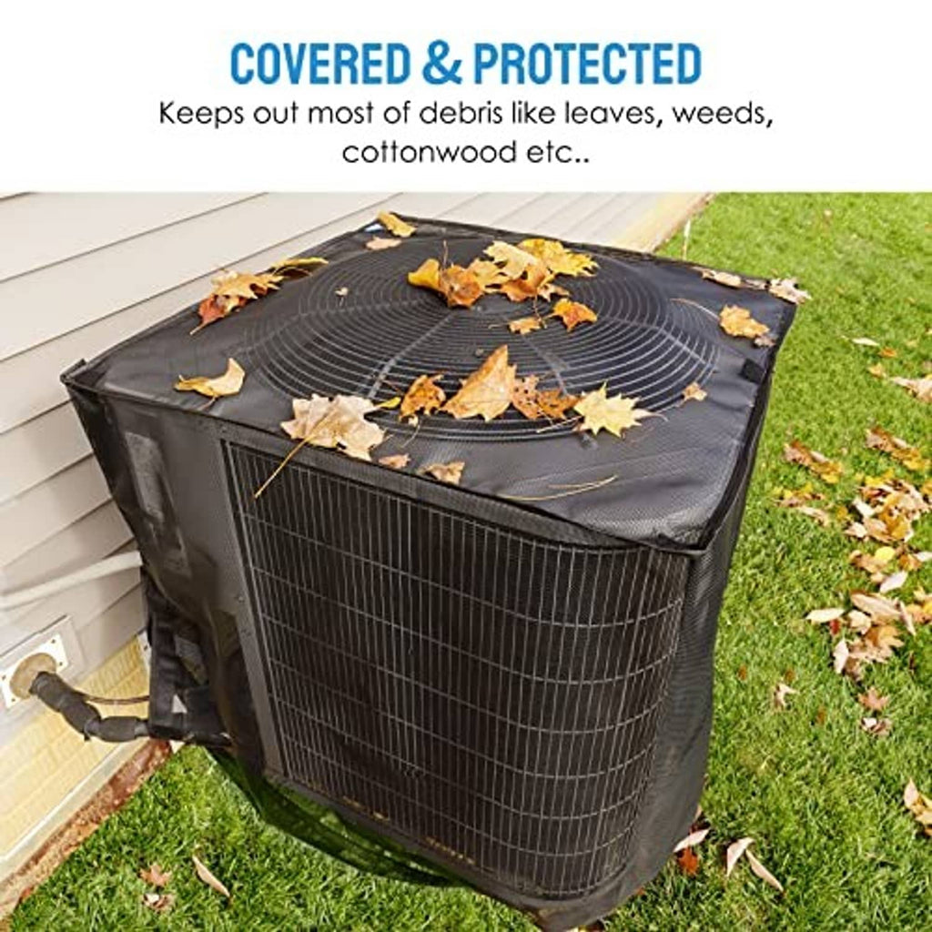 Outdoor air conditioner cover with dark mesh top and side panels, leaves on top
