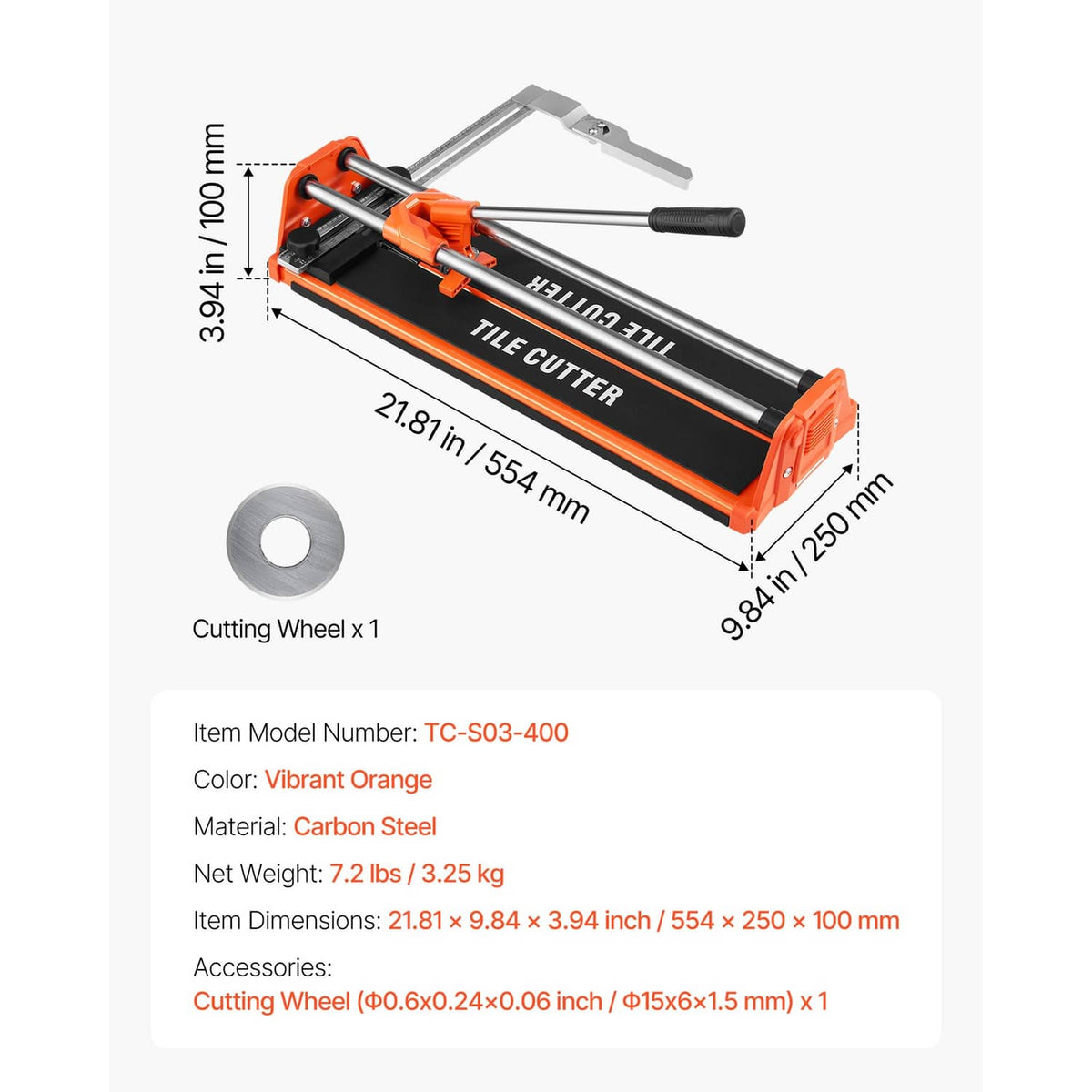 Uimoso manual tile cutter with included cutting wheel and orange size dimensions