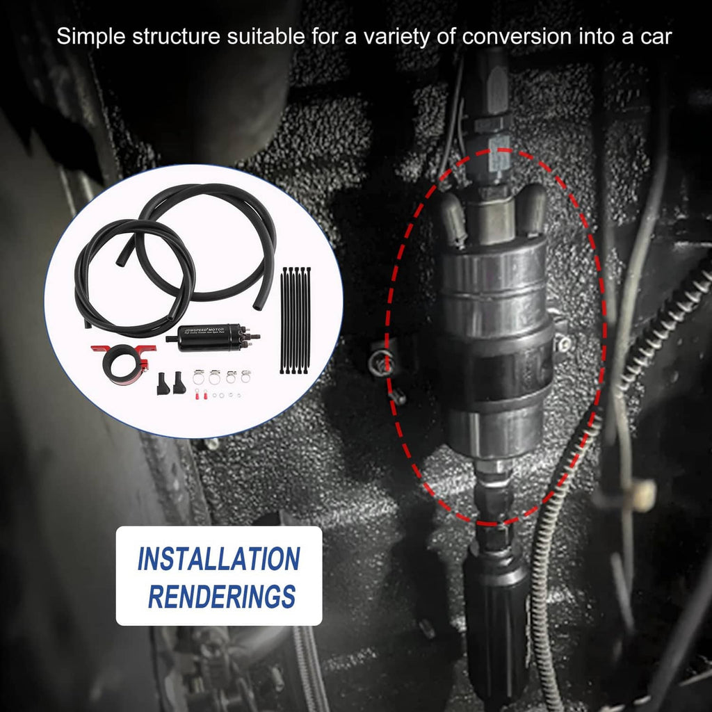 External fuel pump kit with black hoses, wiring connectors, and mounting hardware