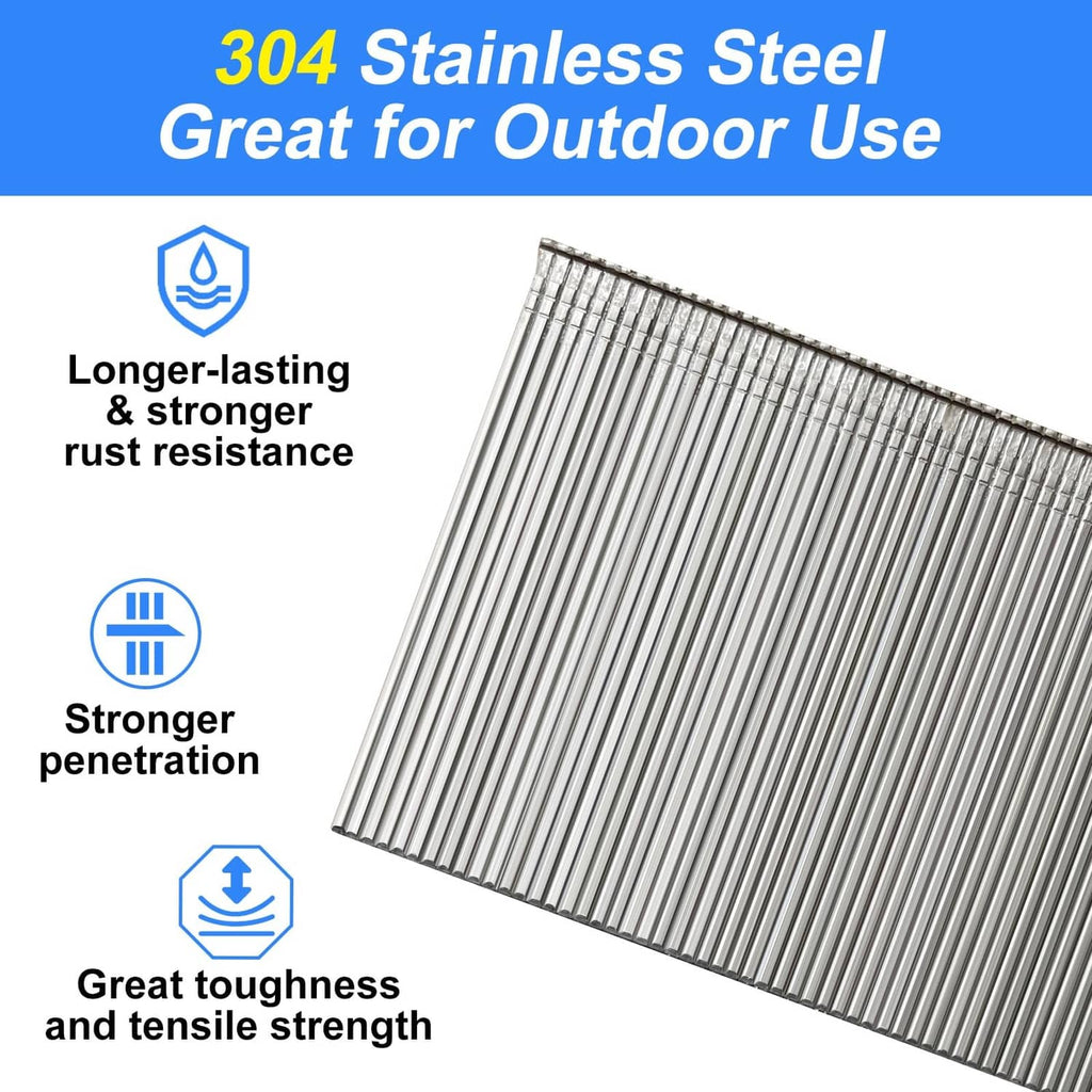 Slanted stack of 304 stainless steel brad nail strips for outdoor use