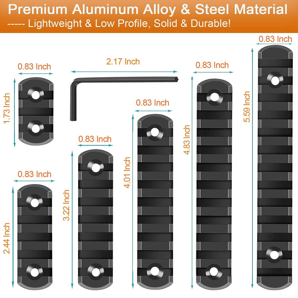 Low-profile black picatinny rails with different slot lengths, mounting holes