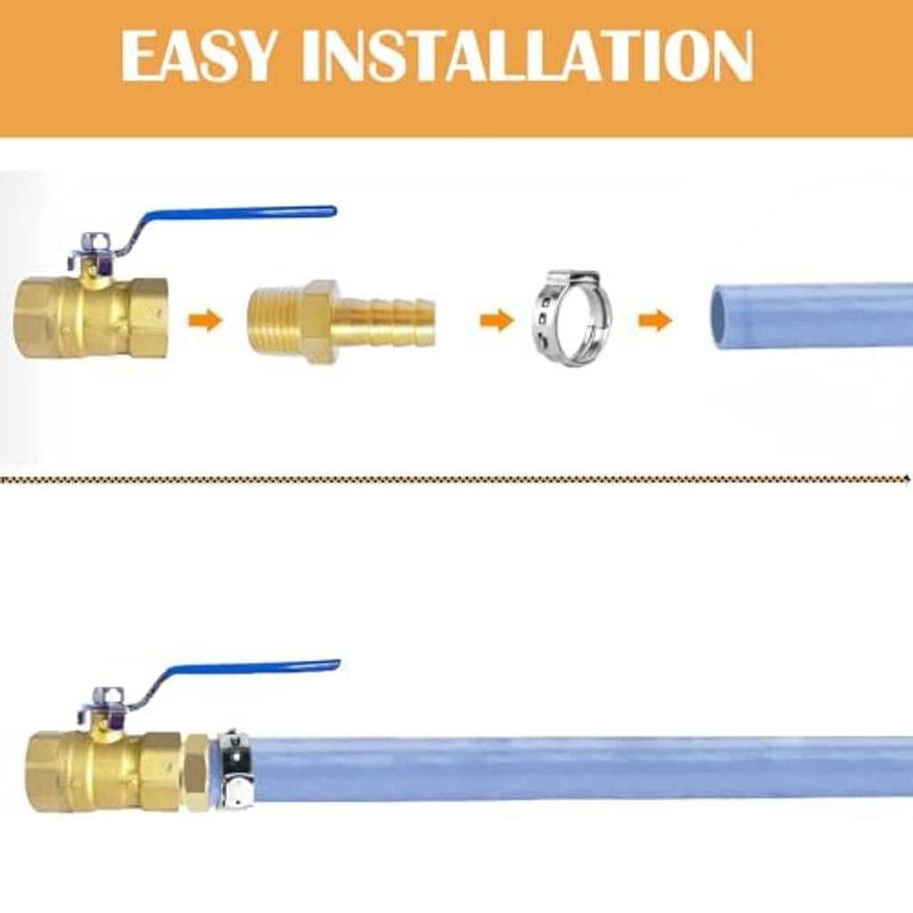 Brass hose barb fitting installation steps graphic with clamp and hose connection