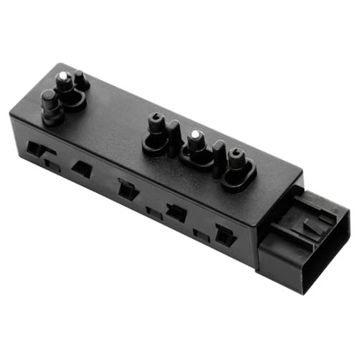 Black power seat control switch with four button knobs and multi-pin connector plug