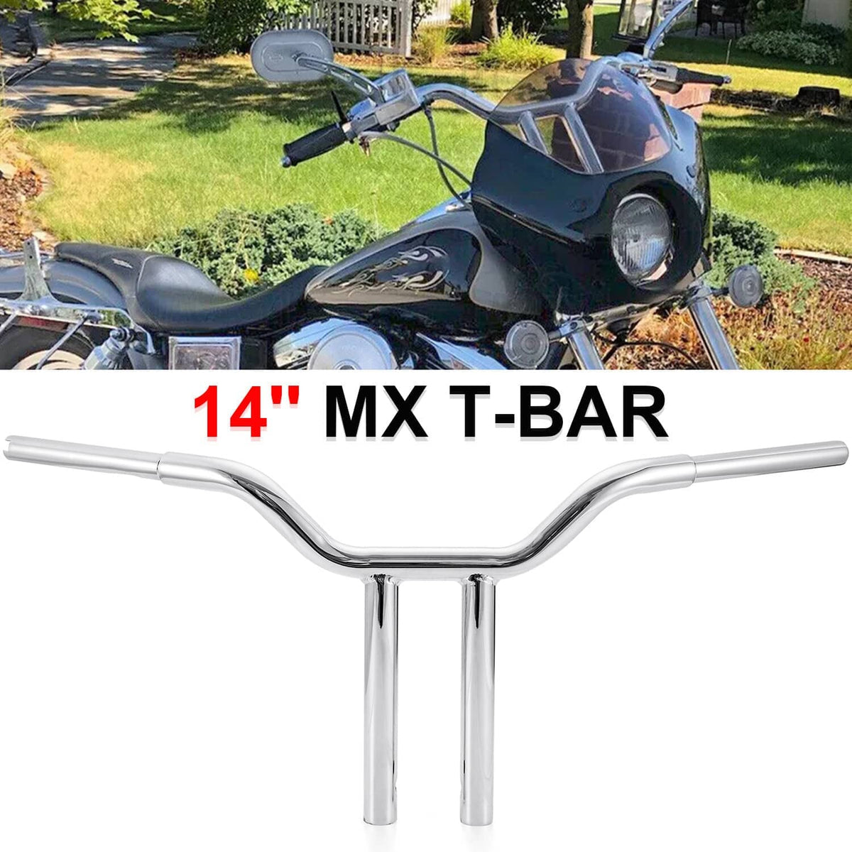 Chrome 14-inch T-bar handlebar with curved crossbar and fork-mount tubes
