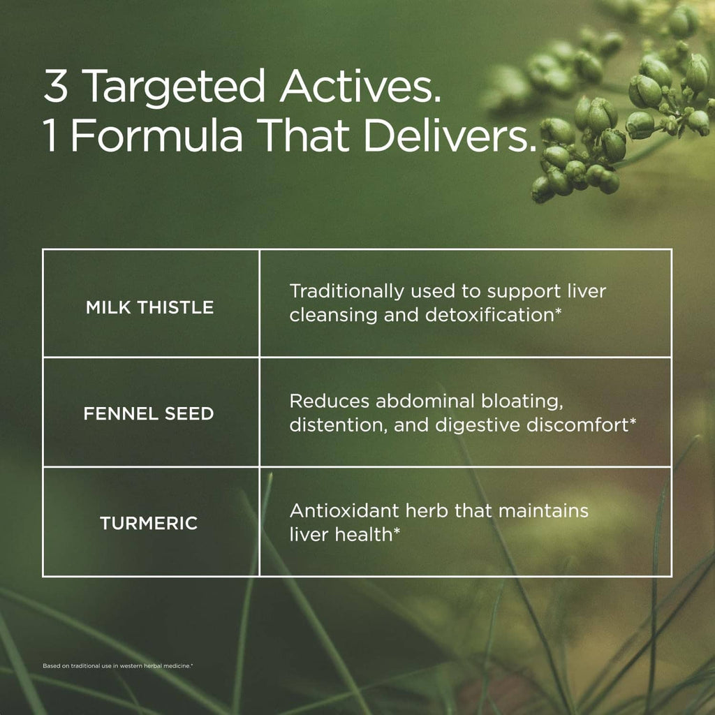 3 targeted actives ingredient panel listing milk thistle, fennel seed, turmeric