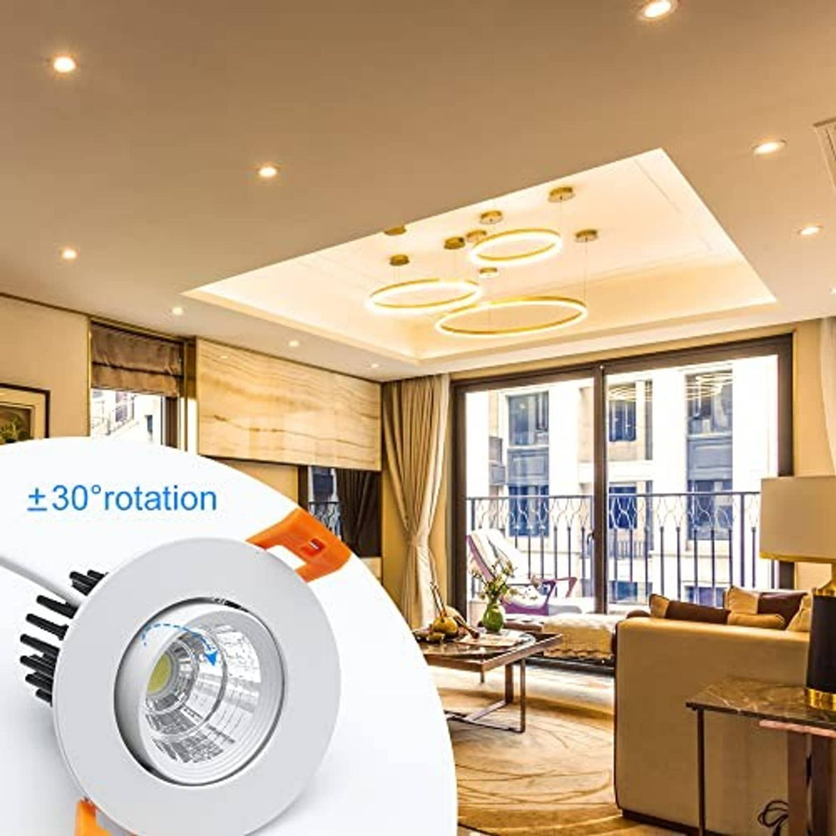 Rotating recessed LED downlight with white bezel and orange spring clips