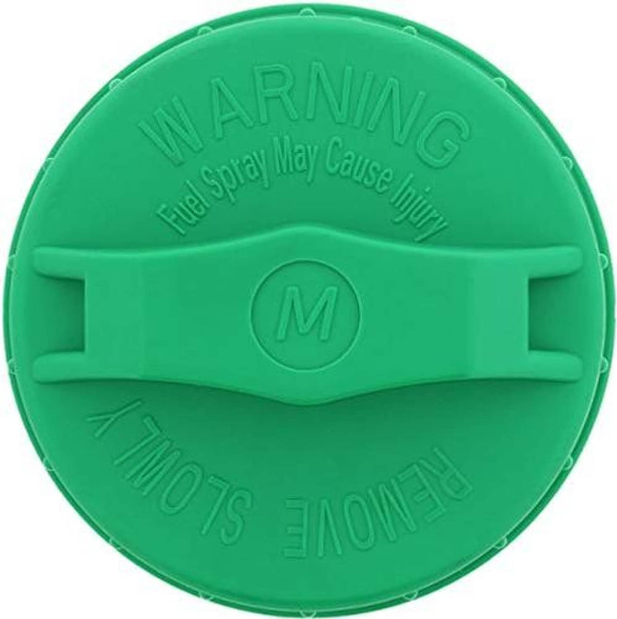 Green fuel tank cap underside with WARNING and 'Fuel Spray May Cause Injury' text
