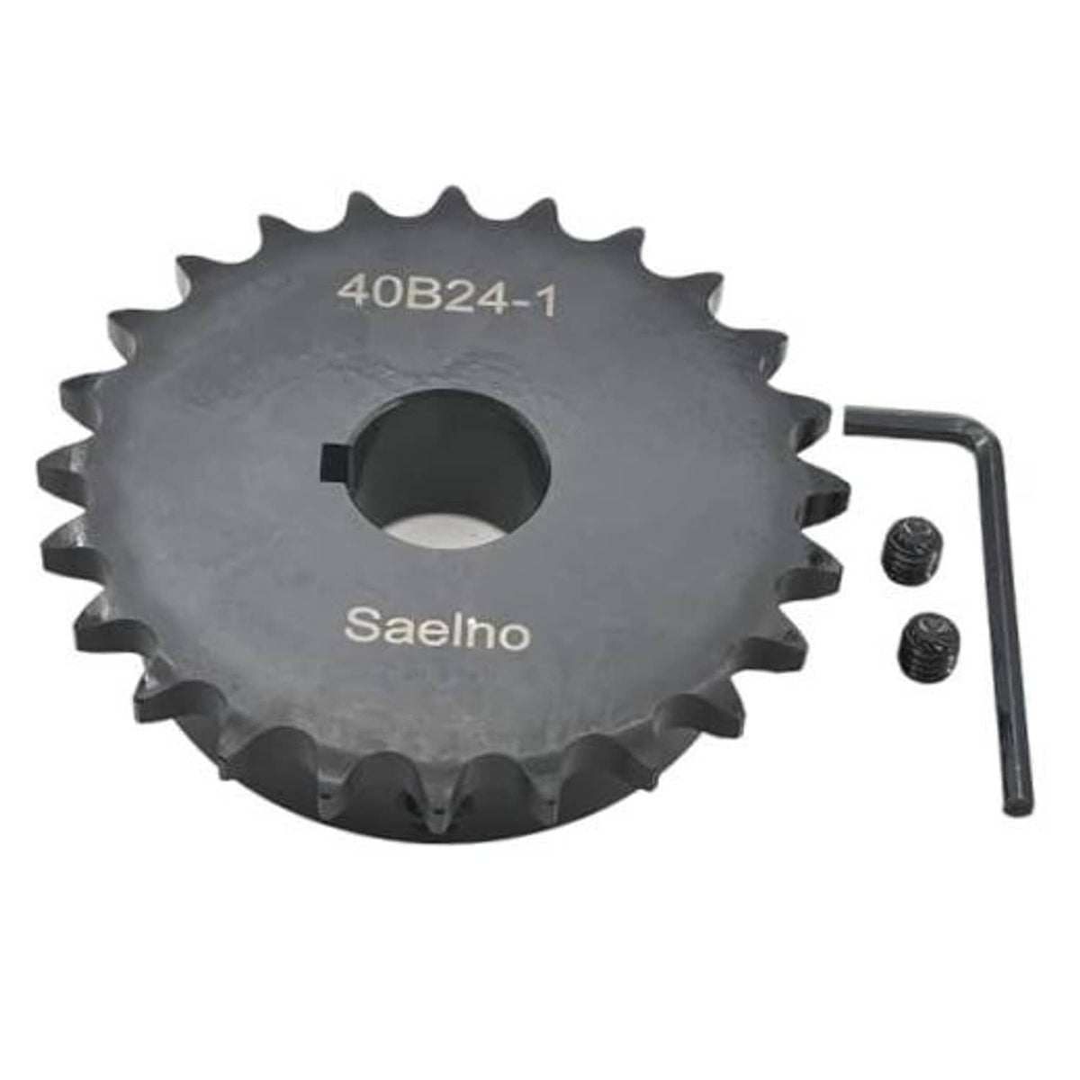 Roller chain sprocket, dark gray, 40B24-1 mark, center bore; includes Allen key and screws