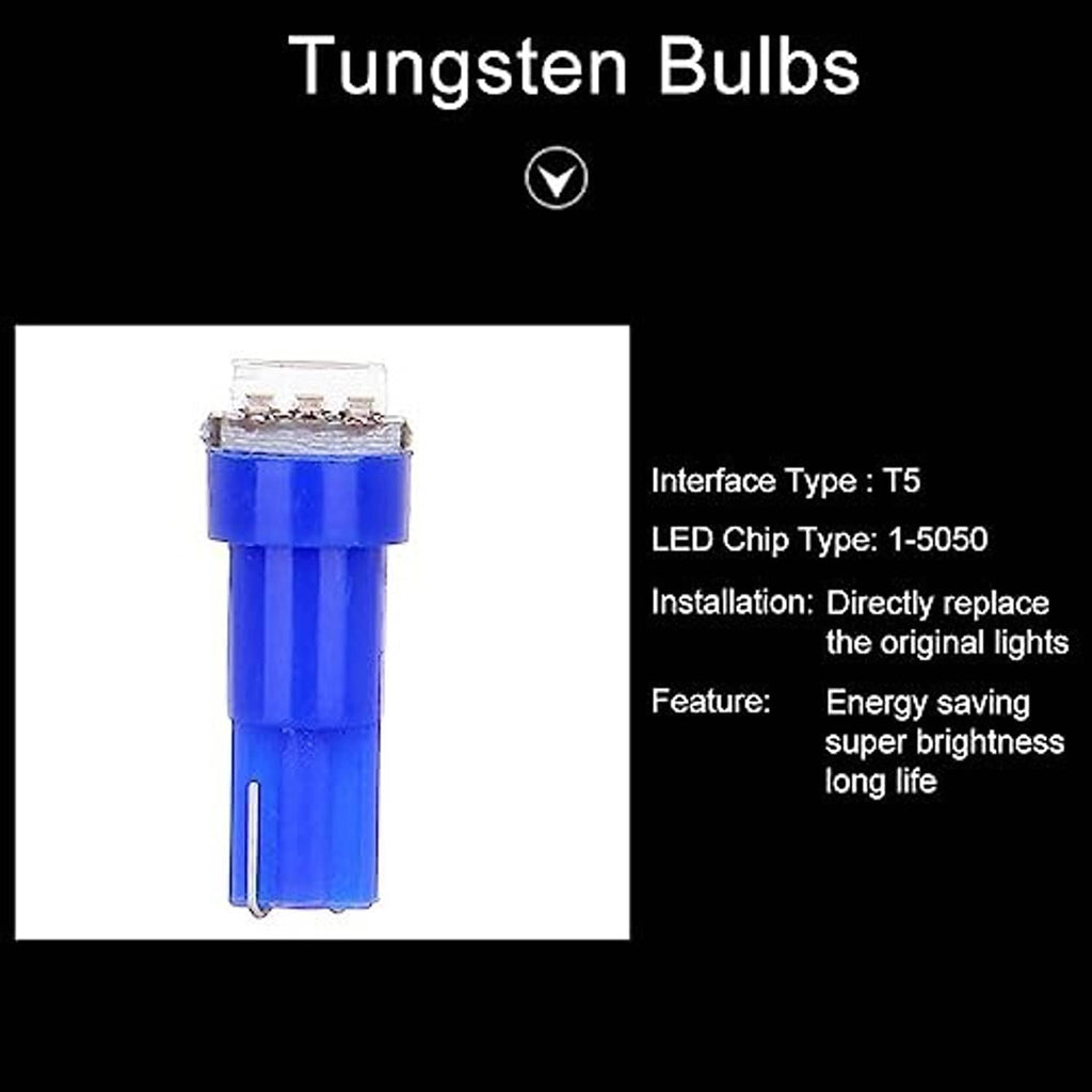 Blue T5 LED wedge bulb with clear lens, metal contact pins, and white inner chip