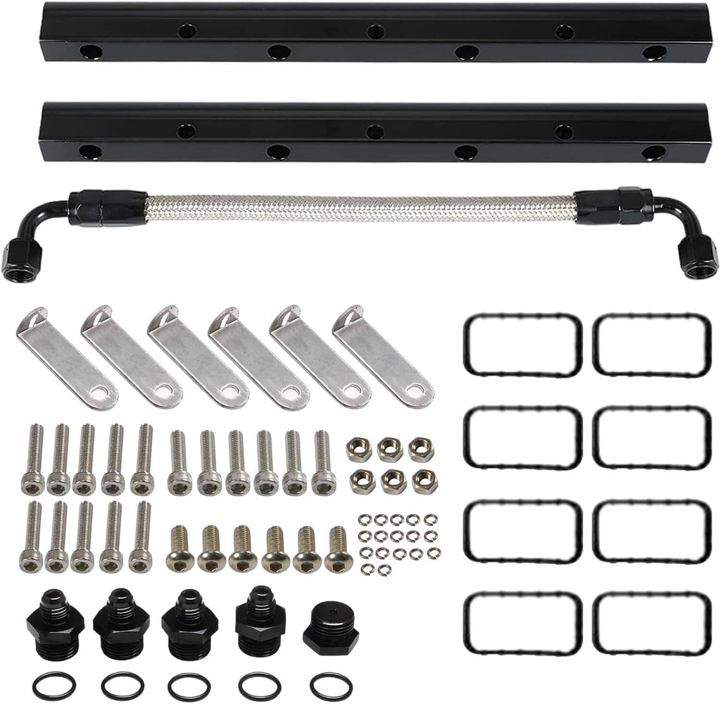 Black fuel rail kit with braided crossover line and assorted mounting hardware