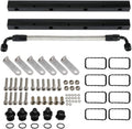 Black fuel rail kit with braided crossover line and assorted mounting hardware